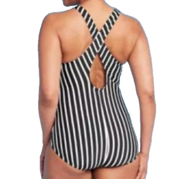 Women's Lands' End One Piece Swimsuit Black White Stripe Size L Full Coverage - Picture 3 of 8